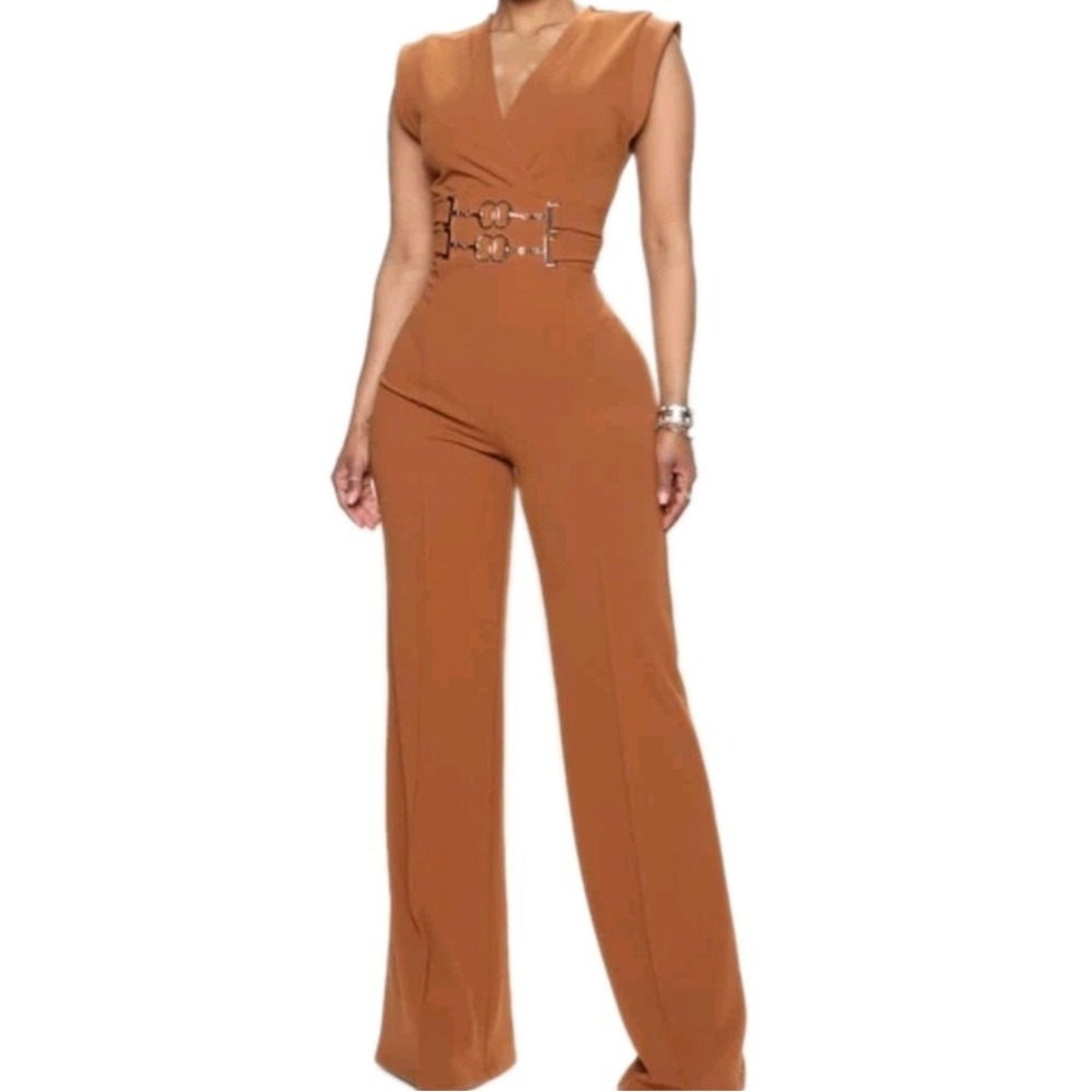 Fashion Nova Bianca Chain Jumpsuit Cognac Brown Flare Stretch V-Neck Size S NWT